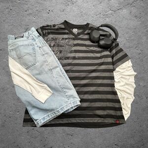 Phat Farm Vintage Y2K Striped V-Neck Graphic T-Shirt Mens XXL Black Gray 0611